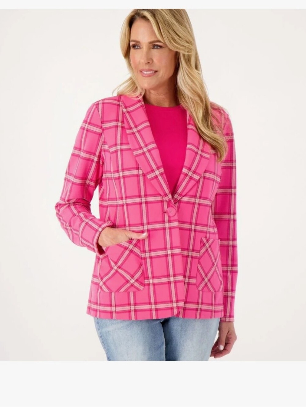 Susan Graver Weekend Pink Plaid Knit Blazer Jacket